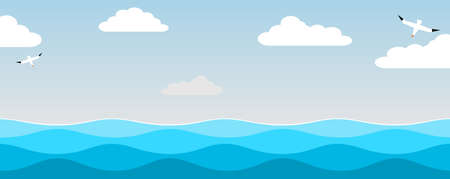 Landscape with blue sky and sea waves birds vector.のイラスト素材