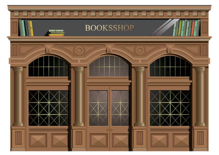 The exterior facade of wood in the classic style, windows, doors, exit, bookstore or library in vector.のイラスト素材