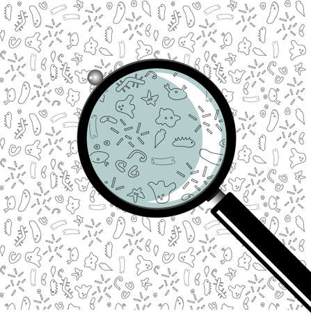Medical magnifier enlarges the dirty surface with the bacteria in the vector.のイラスト素材