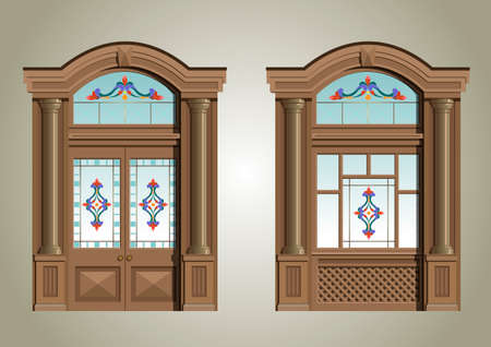 The entrance portal of wood and colour glass.のイラスト素材