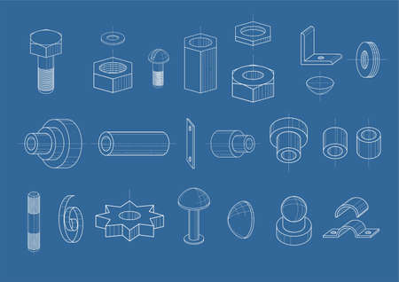 Set of drawings of different components in the vector