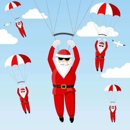 Santa Claus Parachute in the blue sky and white clouds.のイラスト素材