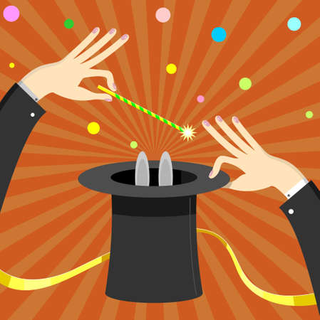 Magician circus magic wand turns the rabbit in the cylinder.のイラスト素材