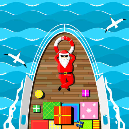Santa Claus carries gifts lying on the deck of the yacht at sea.のイラスト素材