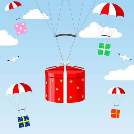 Gifts falling from the sky on parachutes in the clouds and birds.のイラスト素材