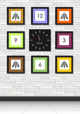 Various vivid pictures in black frames and watch on the brick wallのイラスト素材