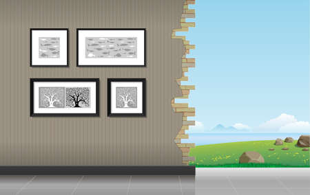 Interior room with paintings and a hole in the wall overlooking the ocean or the seaのイラスト素材