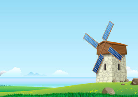 Green landscape with windmill with wings of solar panels on the Bayのイラスト素材