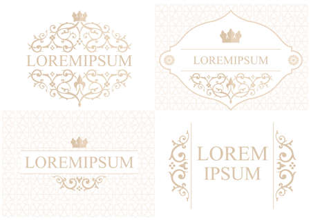 Set of the vignettes in the oriental style with vintage floral ornament and crown in beige tonesのイラスト素材