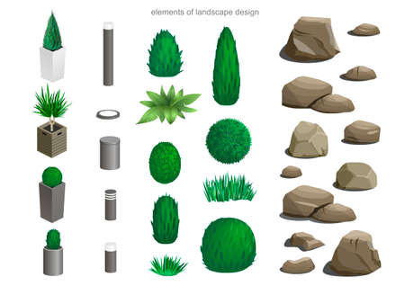 Set of landscape elements lamps, stones, flower beds, plants for the design of the garden or the park isometricのイラスト素材