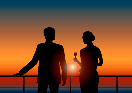 Romantic silhouette of a man and a woman with a glass of champagne on the terrace or deck yacht during sunsetのイラスト素材