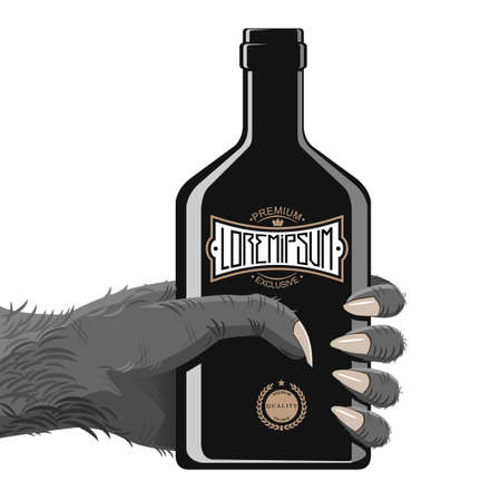 Hand gorily or another monkey, maybe a monster with a bottle of alcohol or energy in black with vintage abstract. Hand and fingers are grouped separate entityのイラスト素材