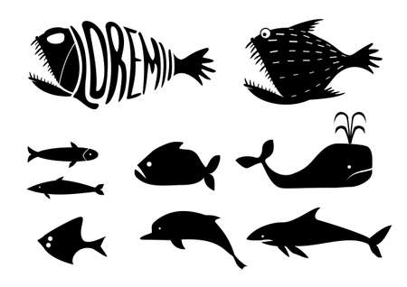 A set of silhouettes of icons and templates for various marine fish - whales, sharks, sardines, dolphins and otherのイラスト素材