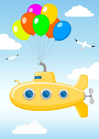 Funny yellow submarine on the balloons flying in the sky among the clouds and birds. Children's toy.のイラスト素材