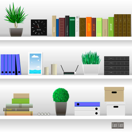 White office shelves or living room with books and office documents, literature, and household items.のイラスト素材