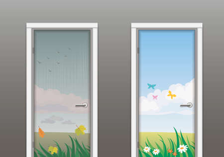 Two doors depicting the texture of autumn and spring or summer.のイラスト素材