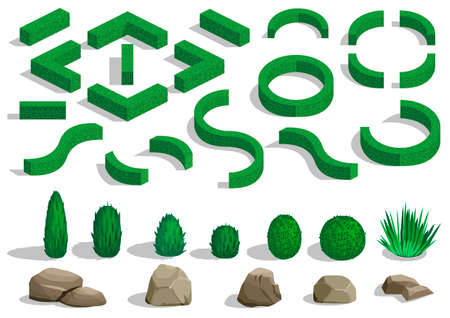 Set of elements for landscape design in isometric schemes. Vector graphics. Bushes, trees, rocksのイラスト素材