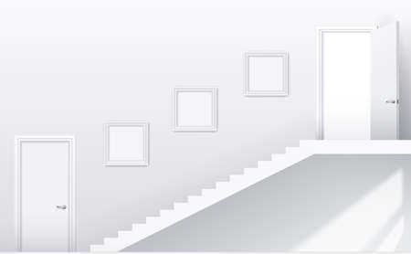 Interior bright white room with stairs and doors. Vector graphicsのイラスト素材