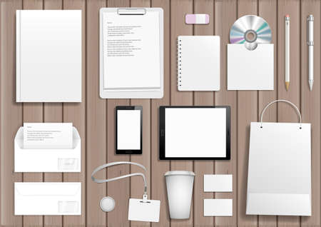 Vector corporate mock up. Set items with the tablet, cover, business card, bag, envelope, pencil and pen.のイラスト素材