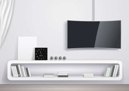Modern and bright interior room in a minimalist design with a curved TV. Vector graphicsのイラスト素材