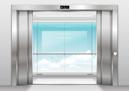 Open Doors panoramic elevator with a glass wall or window. Vector graphics. Glass transparency effectのイラスト素材