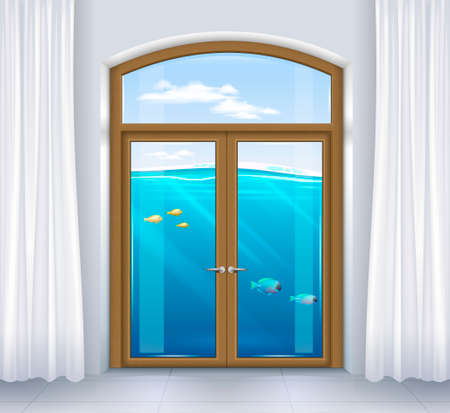The underwater world of the window of the apartment. Concept on a theme of flooding or diving. Transparency. Vector graphicsのイラスト素材
