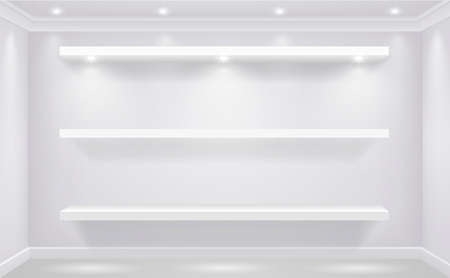 Shop-window shelf for white goods illuminated against the background of a white wall of the store. Vector graphicsのイラスト素材