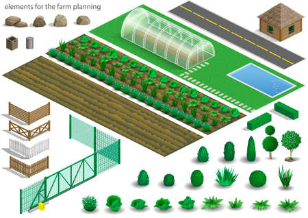 Set of elements for a project or scheme farm. Buildings, fences and garden with plants, vegetables. Vector graphics. Architectural isometricsのイラスト素材