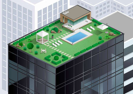 Cottage or bungalow, apartment with a pool on the roof of a skyscraper in the city. Alternative of agriculture. Vector graphicsのイラスト素材