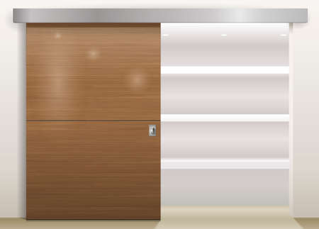 Sliding door wardrobe or dressing room, changing rooms, shop with a wood texture in vector graphicsのイラスト素材
