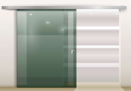 Sliding door wardrobe or dressing room, changing rooms, shop with a wood texture in vector graphicsのイラスト素材