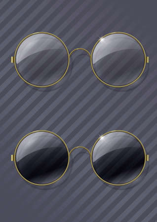 Set of vintage round glasses with a transparent and tinted glass in a brass rim. Vector graphics with transparency effectのイラスト素材