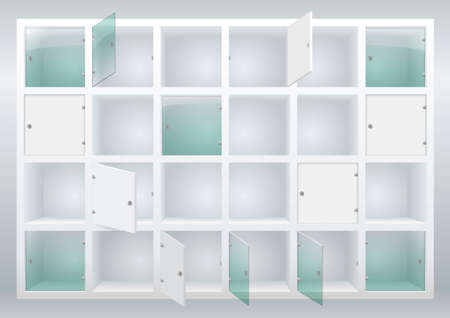 Shelves and drawers with doors of their glass or plywood. Cloakroom or storage of things. Vector graphicsのイラスト素材
