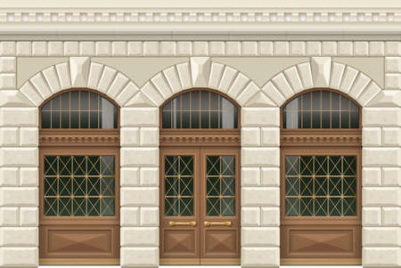 Classic facade in retro style of light stone with wooden windows and doors. Wall of a shop, a station, an office. Vector graphicsのイラスト素材