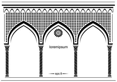 Silhouette of the arched eastern facade. Fairytale Oriental, Indian or Arabian arch, background for cover, invitation cards. Vector graphicsのイラスト素材