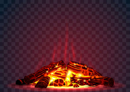 Smoldering campfire at night with red coals. Fire. Firewood in the fireplace. Vector graphics with transparency effectのイラスト素材