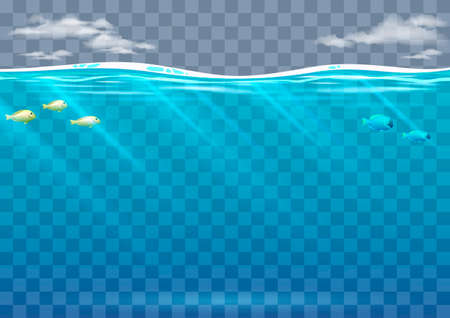 Underwater background with tropical fish and sky in vector graphics. Blue waves and transparent raysのイラスト素材
