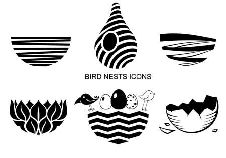 Set icons Bird's Nest for a logo or emblem in the technique of sketching. Vector graphics. Two funny birds and eggs.のイラスト素材