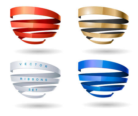 Set of spiral ribbons from different materials. Gold, silk or plastic. Vector templates of logos or banners, iconsのイラスト素材