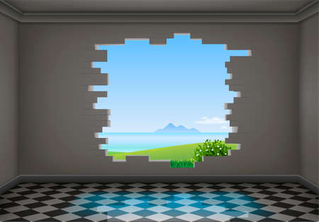 A break in the wall of a dark room. Exit from the corridor. The natural landscape.のイラスト素材