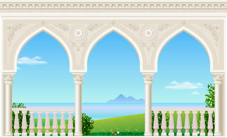 Balcony of a fabulous palace in classical style with a view of the sea landscape.のイラスト素材