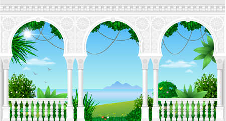 A balcony of a fabulous palace in oriental style with a view of the tropical landscape. Vector graphicsのイラスト素材