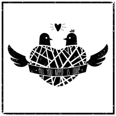 Print poster or icon sticker. Family couple birds in the nest. The ribbon with the quote. All you need is loveのイラスト素材