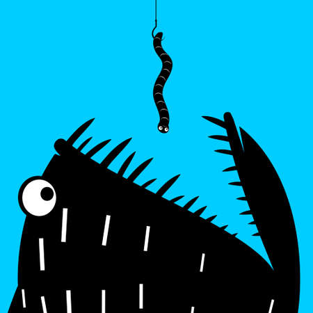 Print poster or icon sticker. A predatory fish eats the worm on the hook. Fishingのイラスト素材