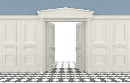3D illustration. Background with classic wall with wooden panelling and double open doorsの写真素材