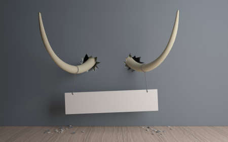 3D illustration. The tusks of the mammoth or elephant through the wall. Modern conceptual interior. Background for banner or text. Humorの写真素材