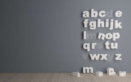 3D illustration. Alphabet on the wall of a dark room. Conceptual interior. The fallen lettersの写真素材