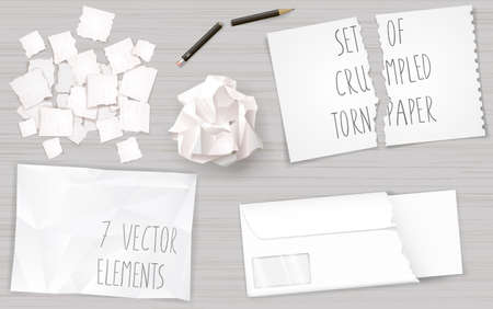 Set of different crumpled and torn sheets of paper. Broken pencil. Vector graphics.のイラスト素材