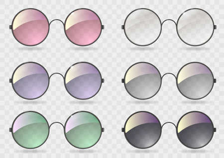 Set of round glasses with different lenses. Retro style. Hippie. Vector graphics with transparencyのイラスト素材