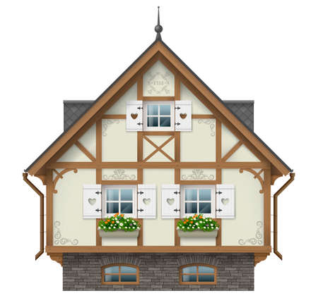 Classic half timbered house. German traditional architecture. Fabulous hut. Vector graphics. Alpine chalet.のイラスト素材